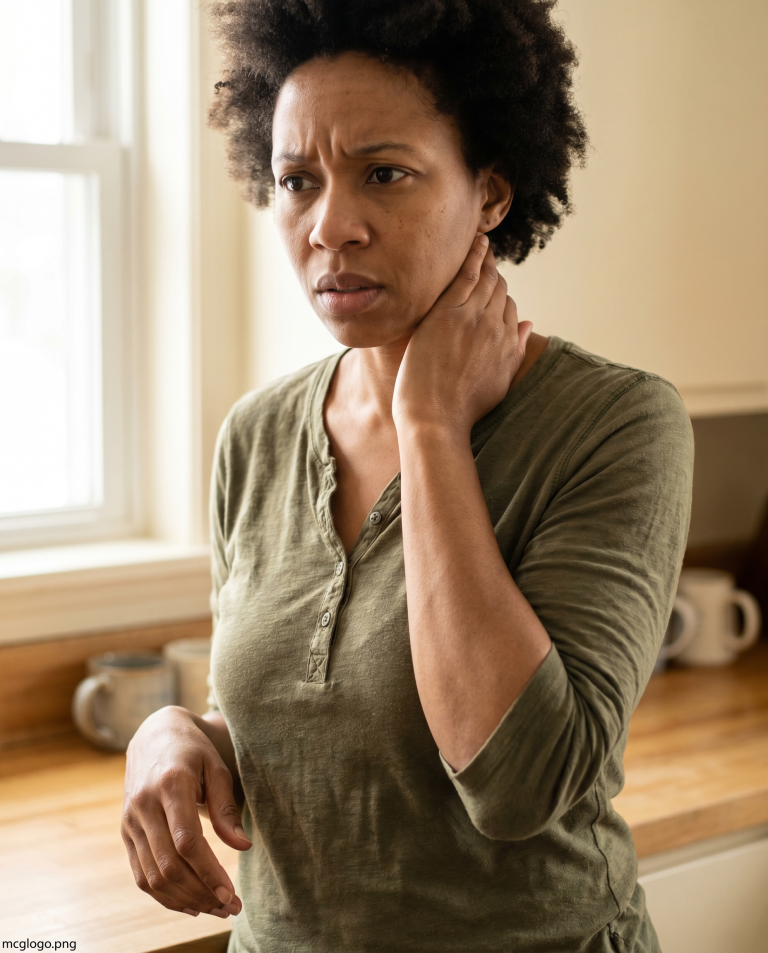 Patient holding neck and arm in pain — cervical radiculopathy pinched nerve symptoms explained by Holland MI chiropractor