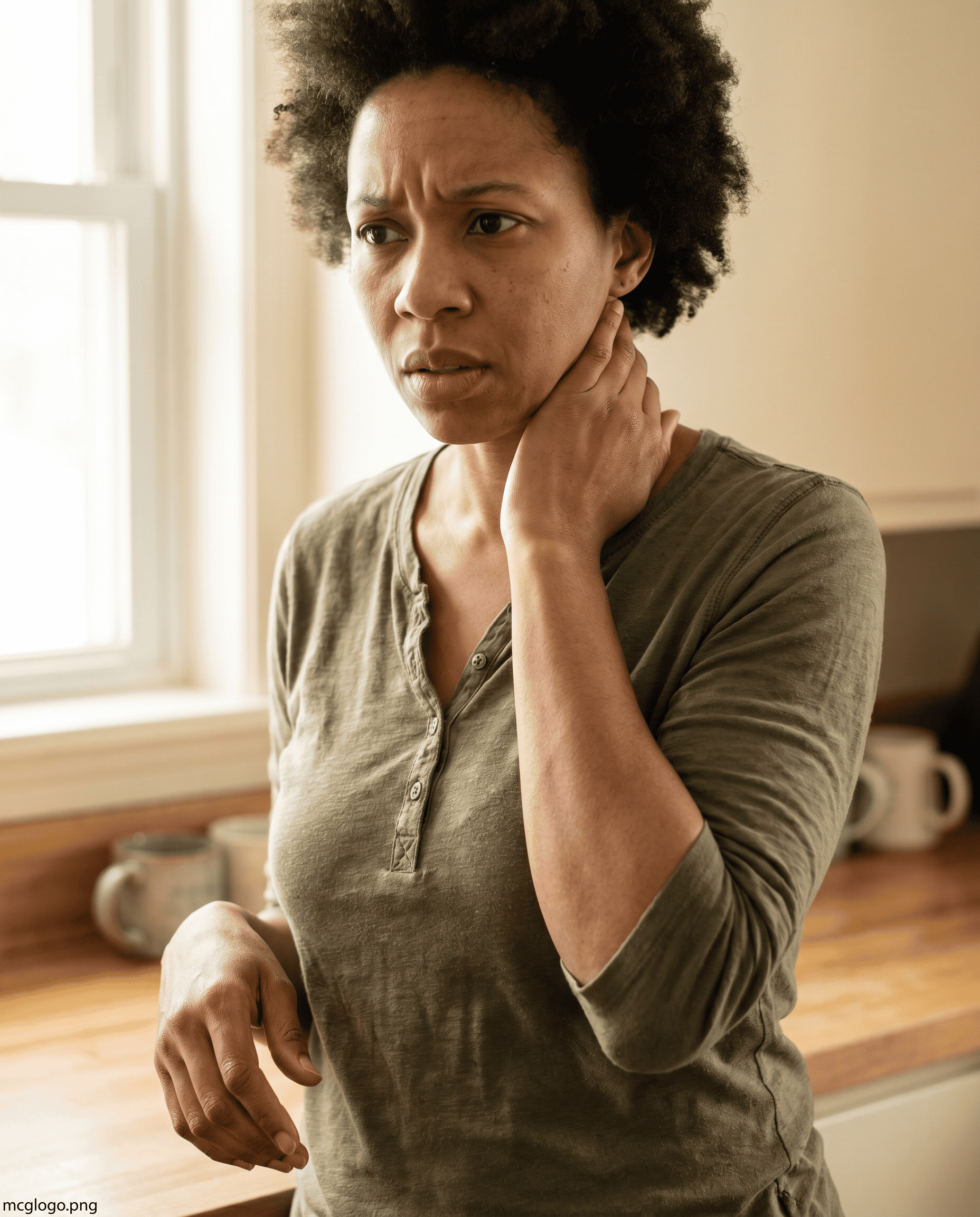 Patient holding neck and arm in pain — cervical radiculopathy pinched nerve symptoms explained by Holland MI chiropractor