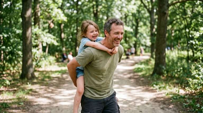 Father giving his young child a piggyback ride outdoors near Holland, Michigan