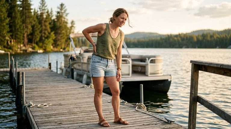 Person easing a sore lower back on a lake dock after a day of boating — back pain after boating, McAlpine Chiropractic, Holland MI