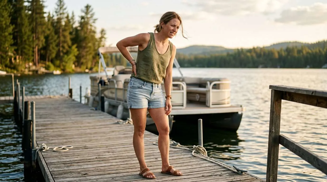 Person easing a sore lower back on a lake dock after a day of boating — back pain after boating, McAlpine Chiropractic, Holland MI