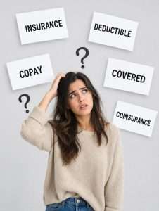 Illustration of a woman looking confused, surrounded by floating insurance terms — insurance, deductible, copay, covered, coinsurance — representing common chiropractic insurance questions in Holland, MI