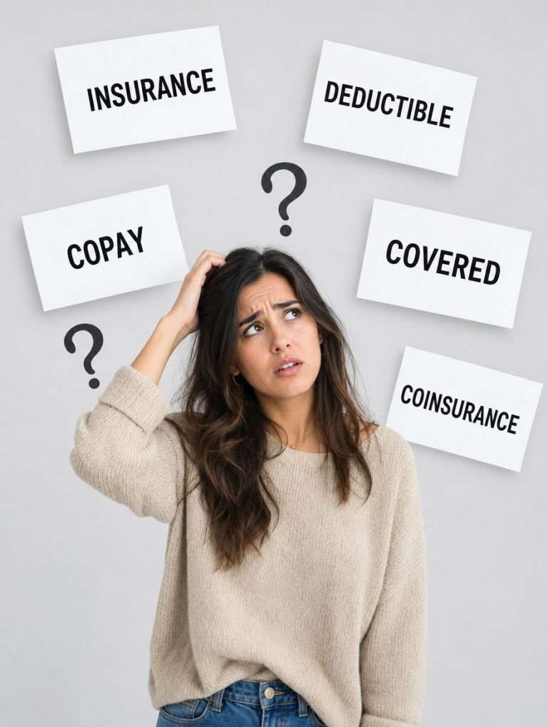 Illustration of a woman looking confused, surrounded by floating insurance terms — insurance, deductible, copay, covered, coinsurance — representing common chiropractic insurance questions in Holland, MI