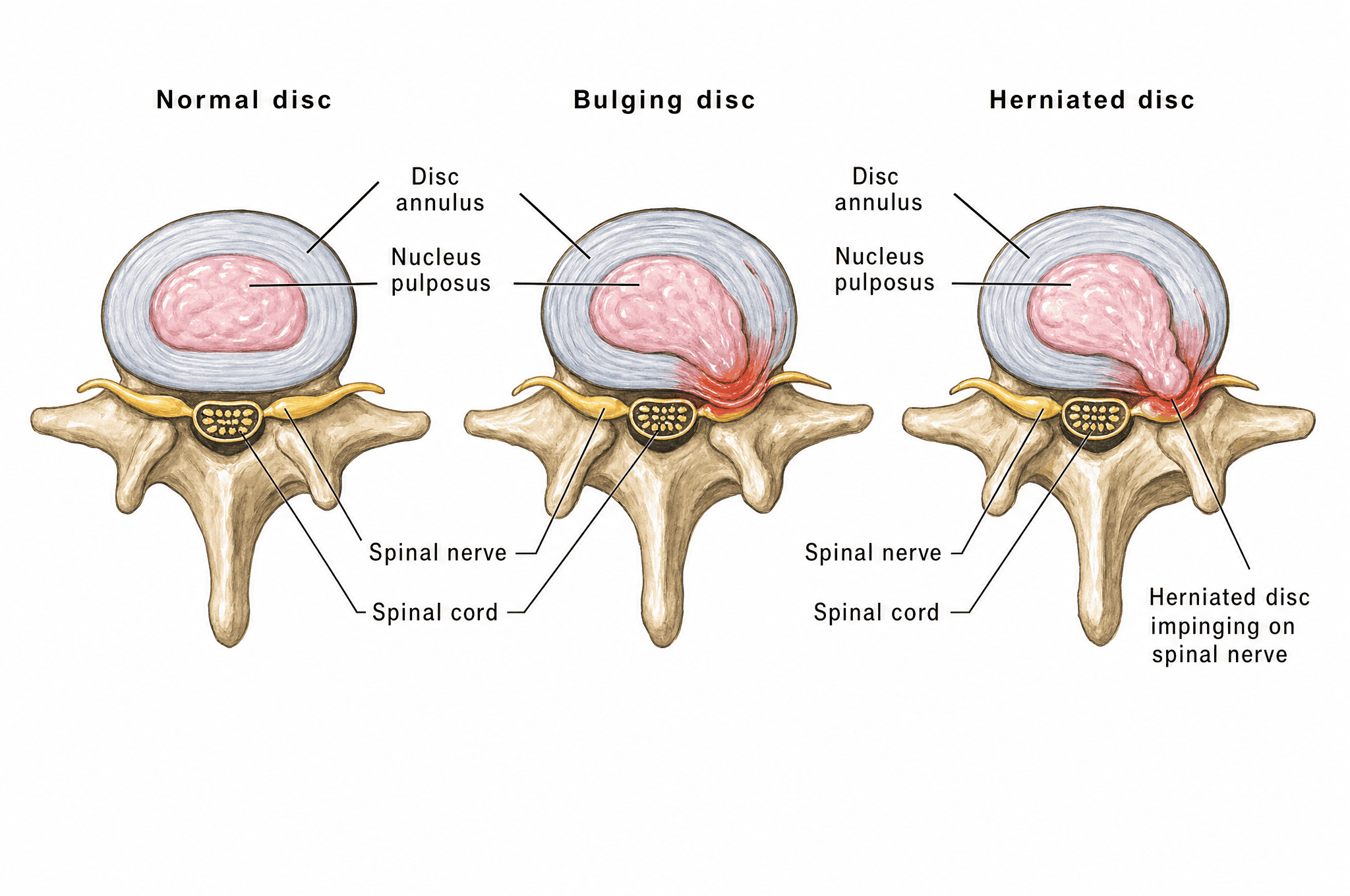 Axial cross-section comparing a normal disc, a bulging disc, and a herniated disc pressing on a spinal nerve