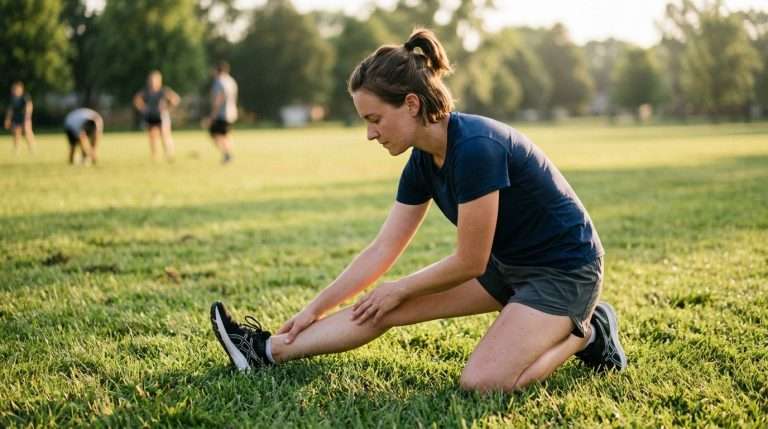 Recreational athlete stretching before a summer game on a sunny field near Holland, Michigan