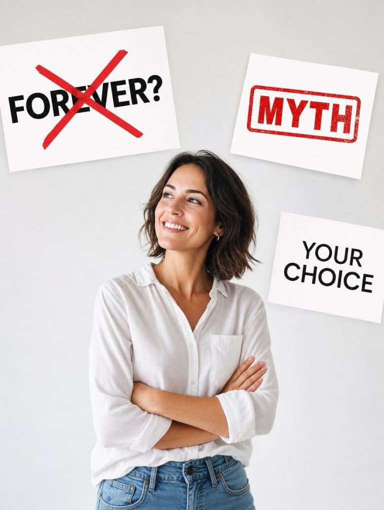 Smiling woman beside floating cards reading FOREVER crossed out and MYTH — debunking the myth that you have to keep going to a chiropractor forever