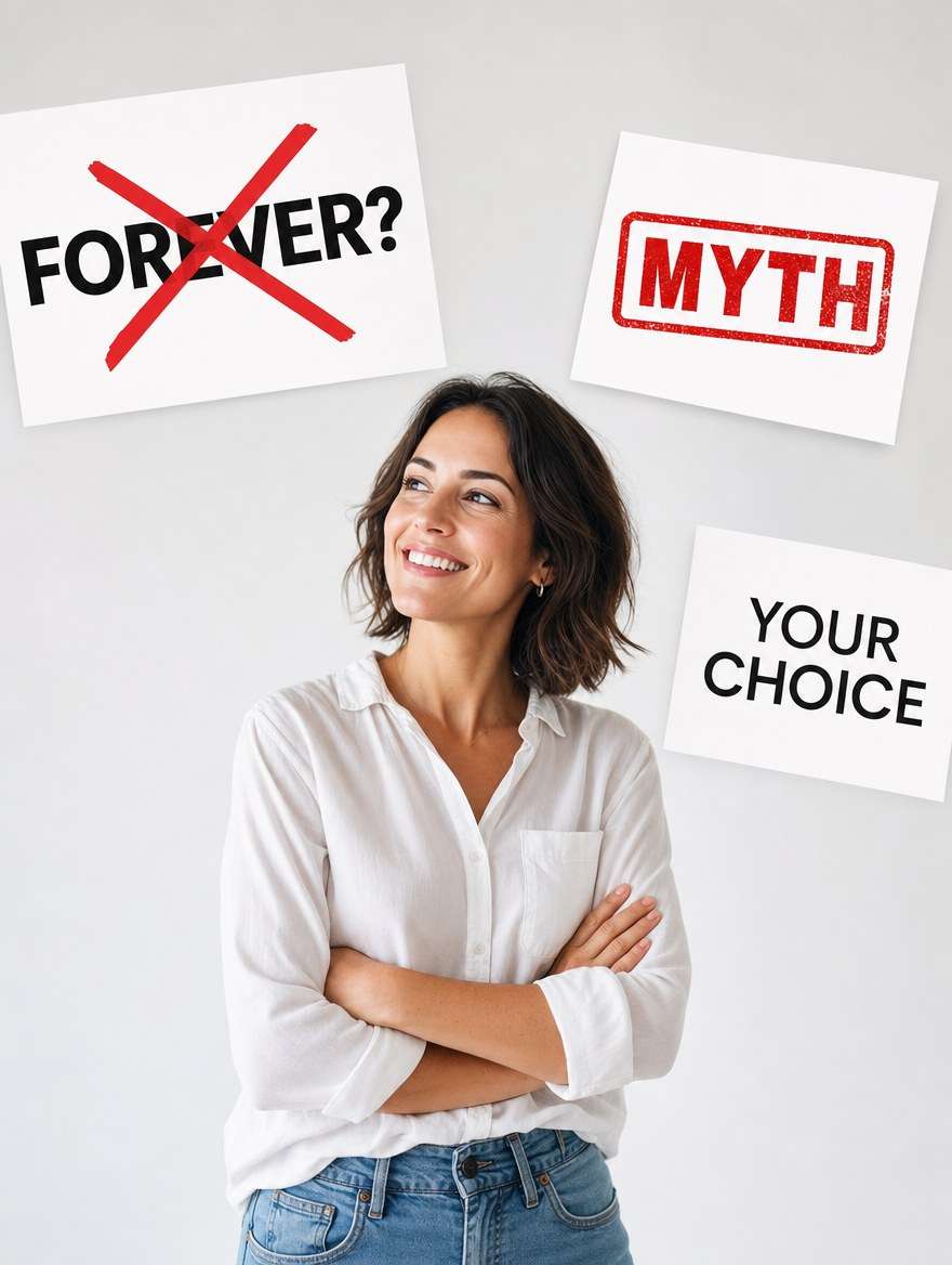 Smiling woman beside floating cards reading FOREVER crossed out and MYTH — debunking the myth that you have to keep going to a chiropractor forever