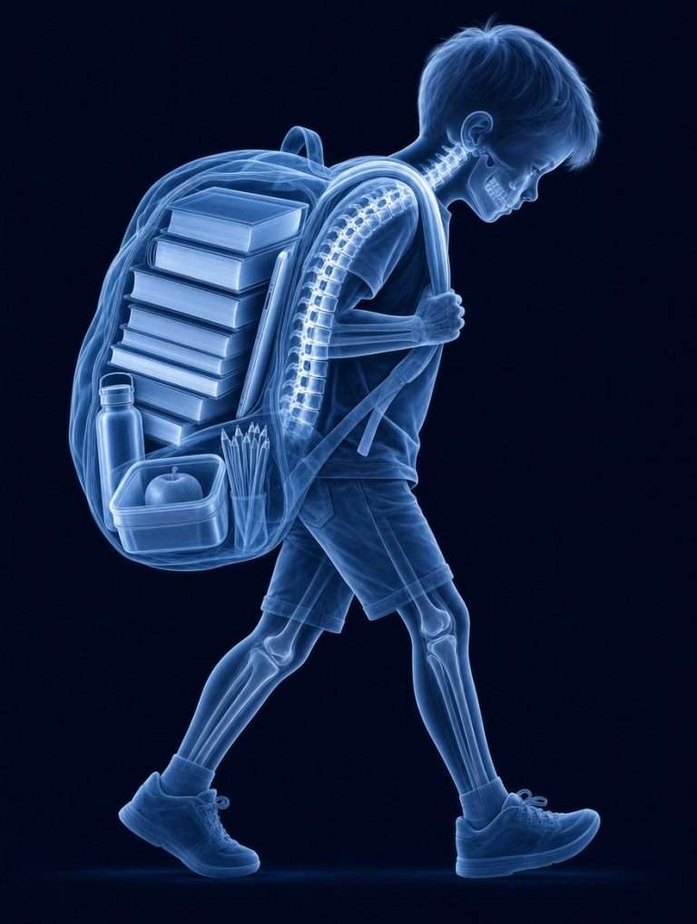 X-ray style illustration of a child leaning forward under an overloaded school backpack, showing the spine alongside the stacked books, water bottle, and lunch inside the pack